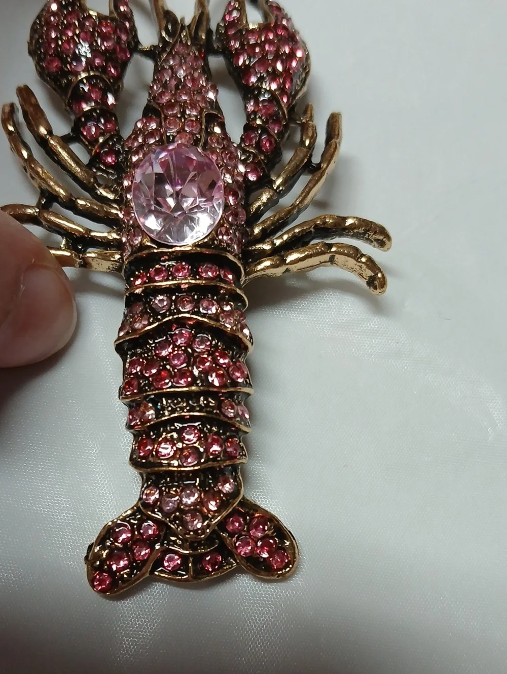 Large Lobster Brooch Pin Goldtone Metal Encrusted w/ Pink Crystals RARE Jewelry